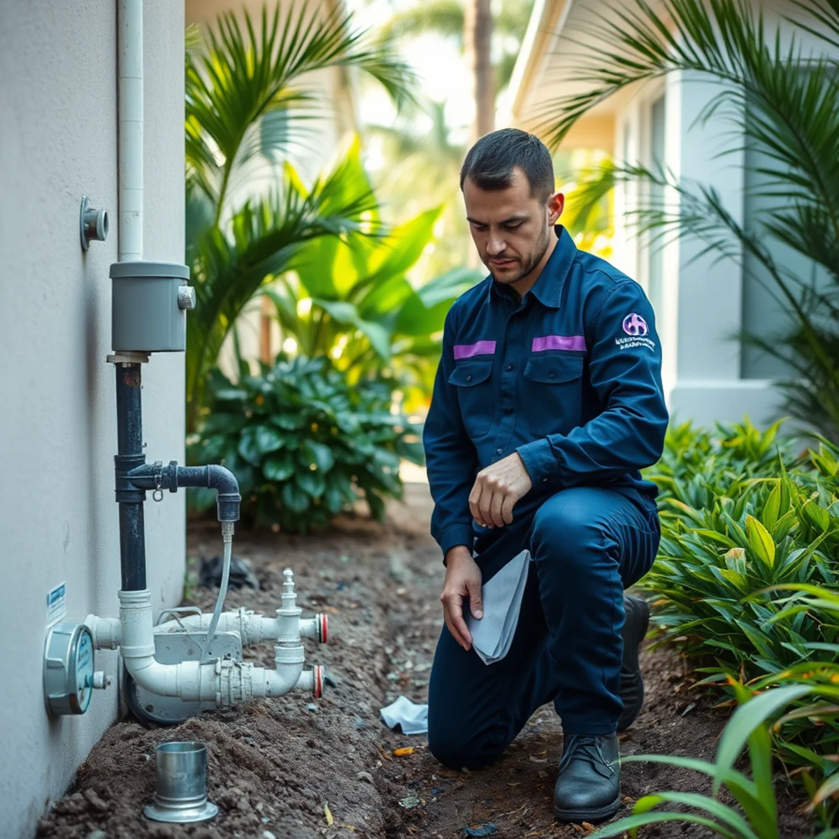 BH Plumbing & Drain Service technician evaluating an exterior water line at a Miami home