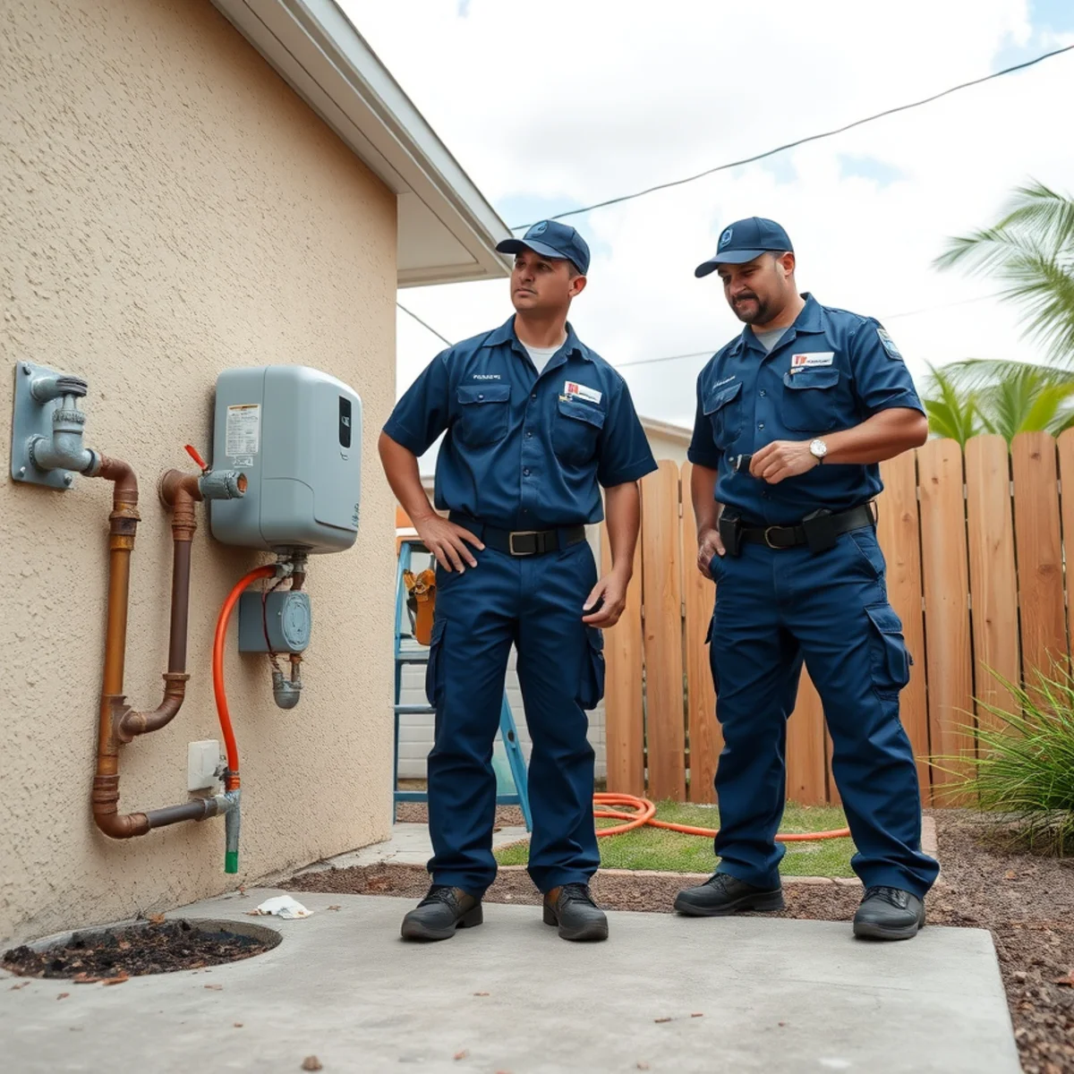Exterior water-line plumbing at a Miami home prepared for storm season