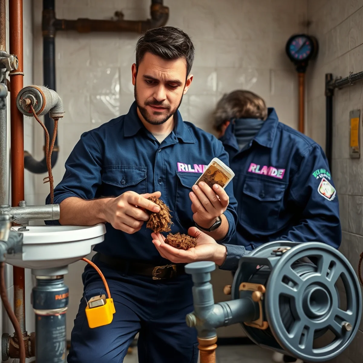 Miami plumber using drain-clearing equipment beside a bathroom fixture