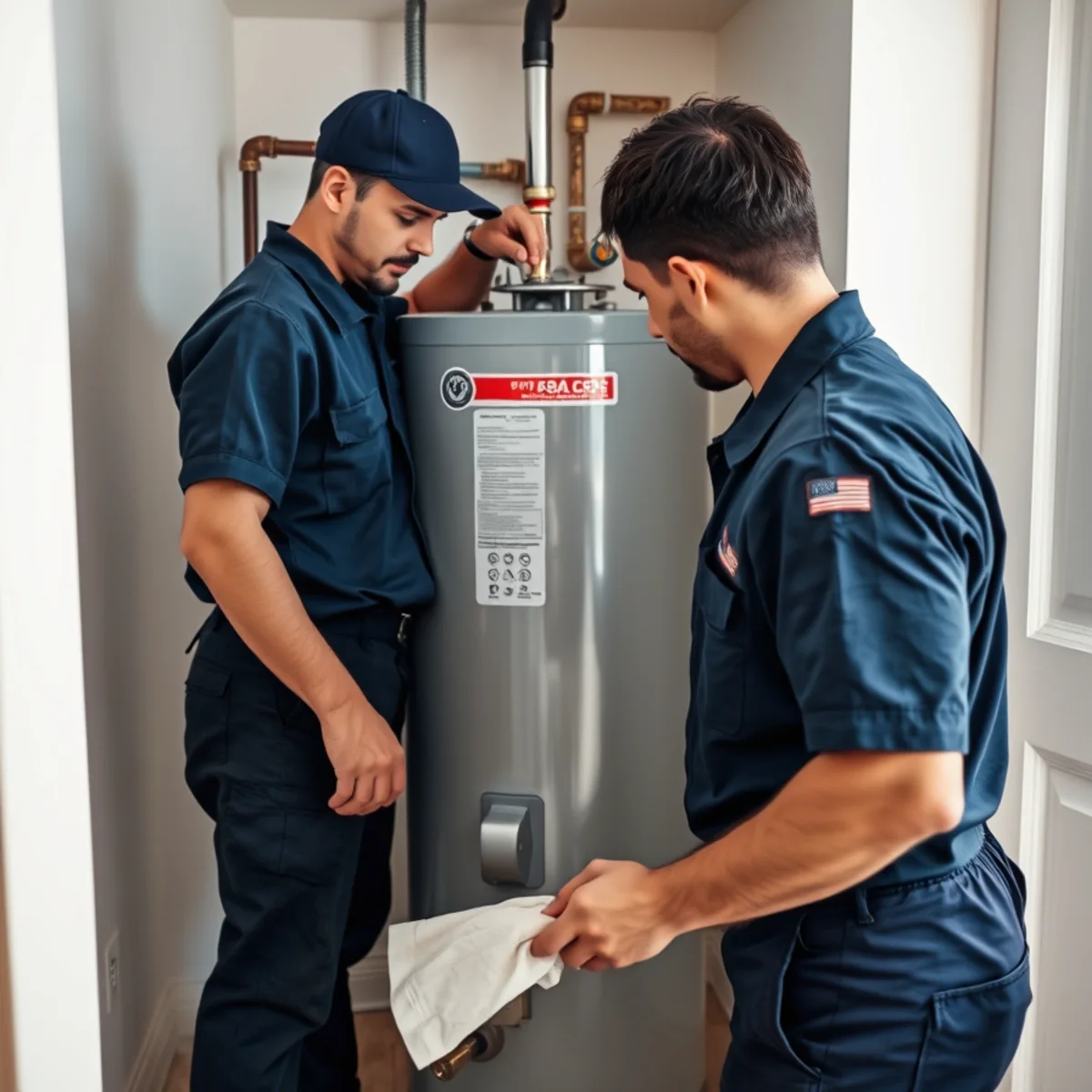 Técnico de BH Plumbing & Drain Service revisando un calentador de agua en una vivienda de Miami