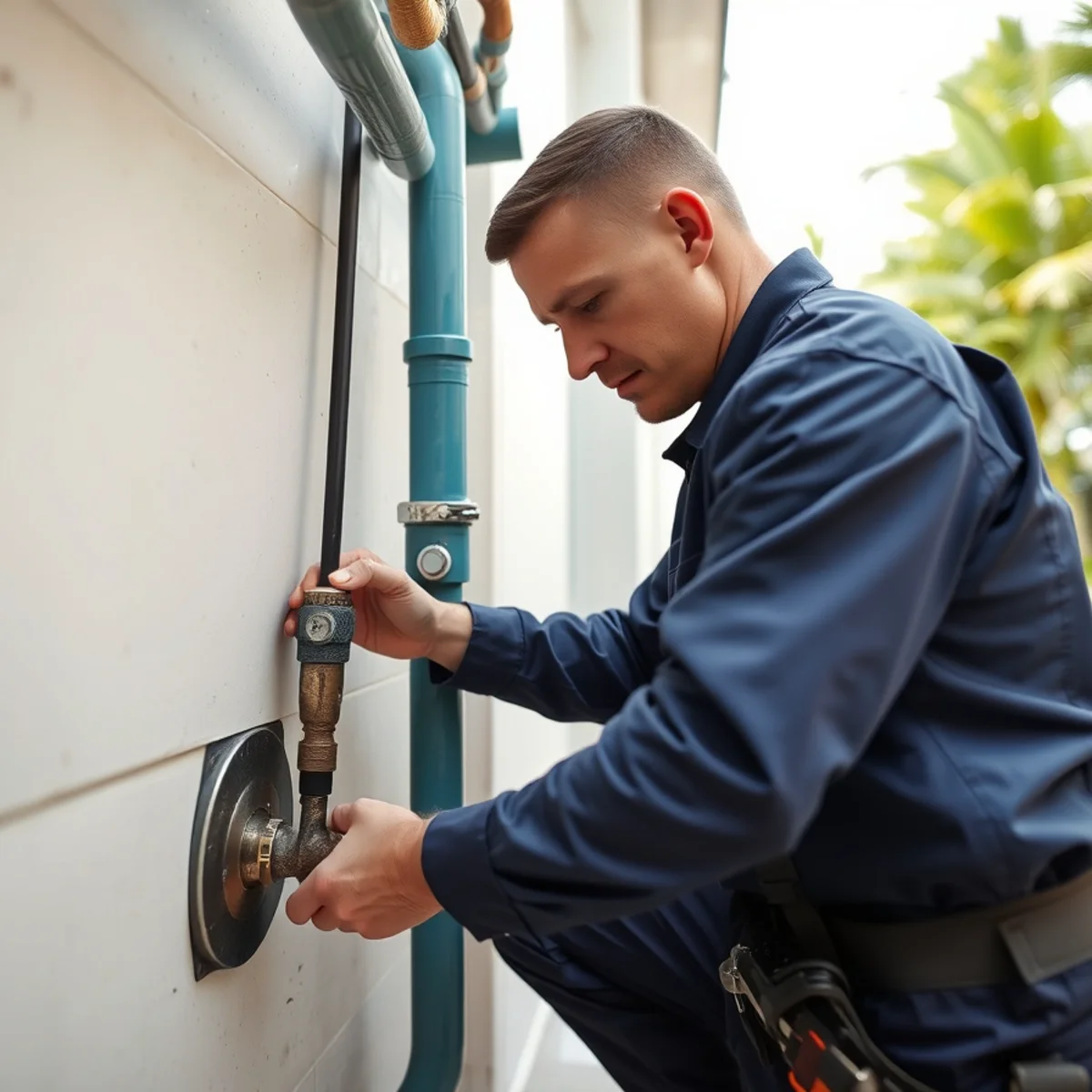 BH Plumbing & Drain Service technician preparing plumbing service at a Miami Springs, Florida property