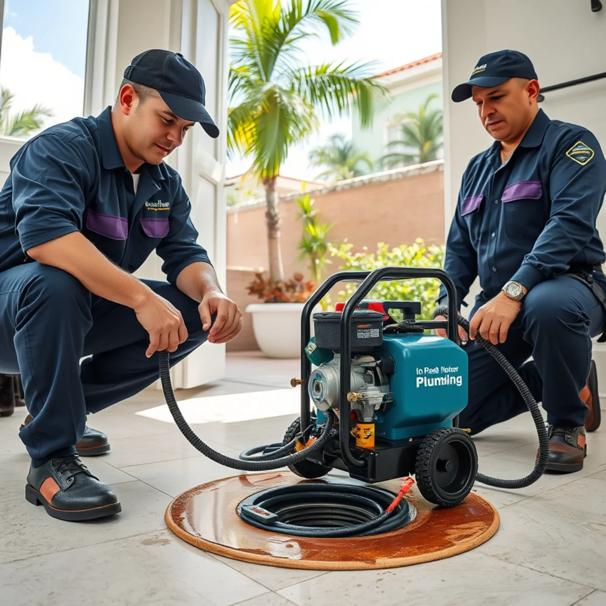 BH Plumbing & Drain Service technician clearing a blocked bathroom drain in Miami